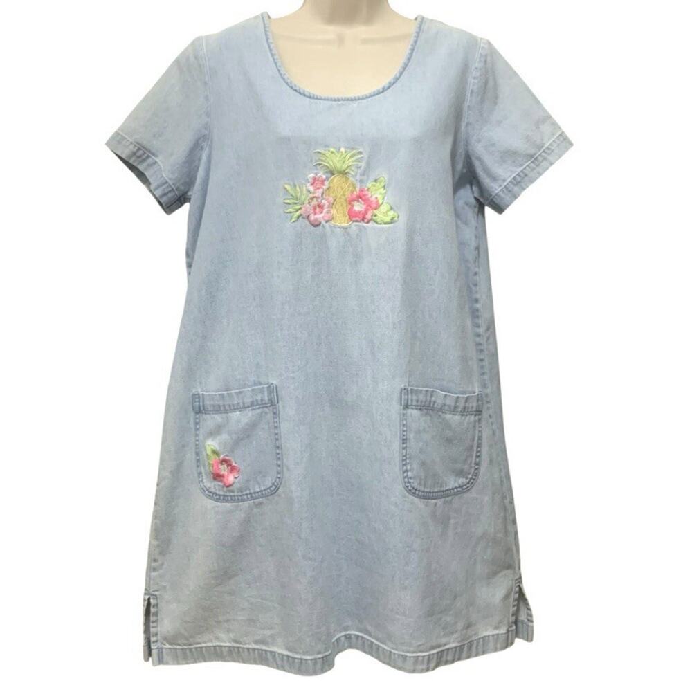 Vintage Denim Dress Tropical Pineapple Floral Embroidered P Large Short Sleeve